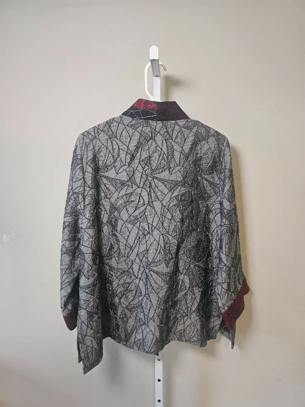 Vintage Moonlight Jacket Gray Maroon Lagenlook Artsy Metallic Jaquard L - Picture 4 of 6